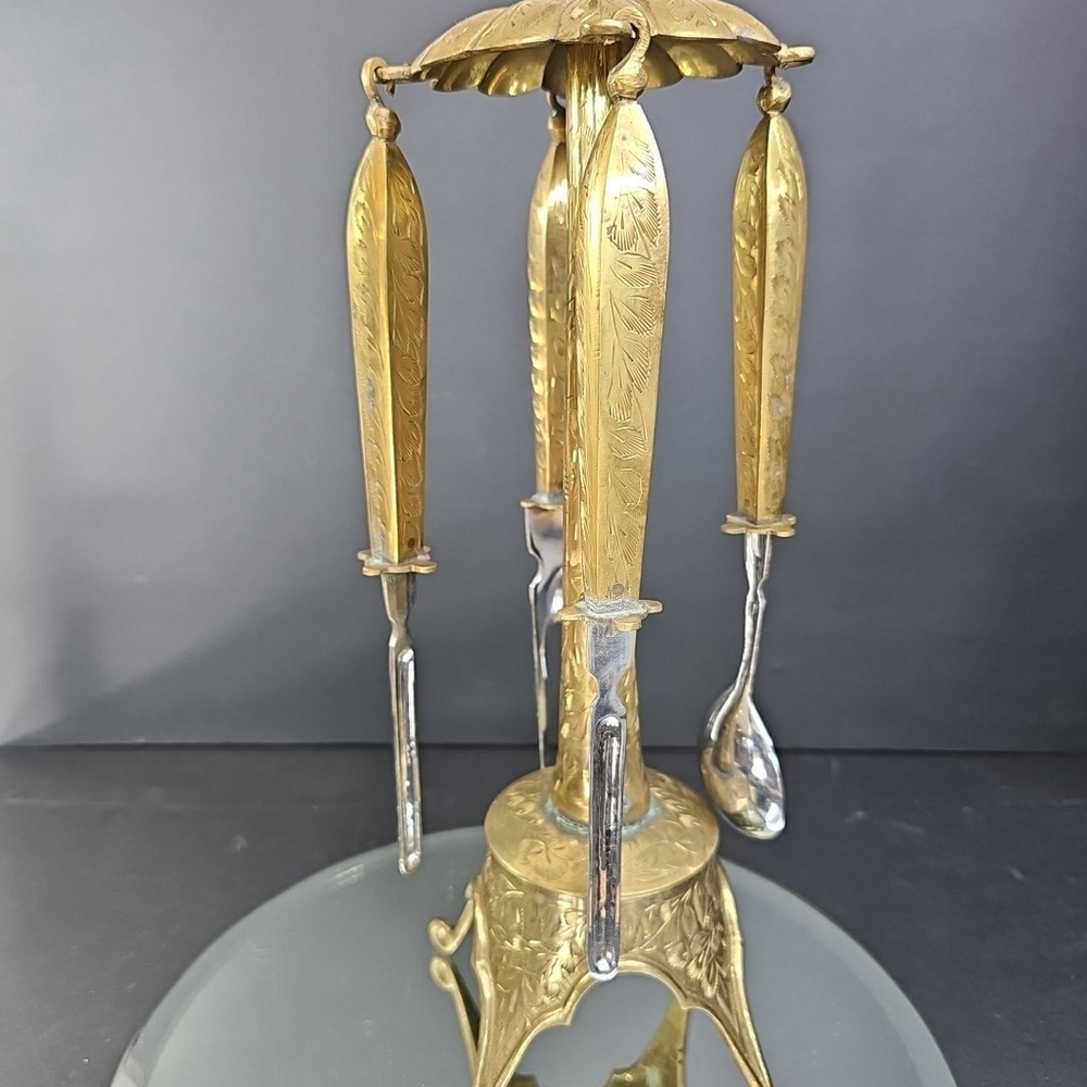 Ornate Vintage Brass Stand with 4 Brass Kitchen Accessories 15.5" Tall
